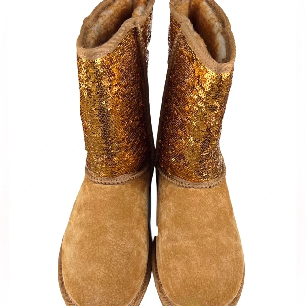Lamo Asbery Tan Suede/Gold Glitter Pull On Boots Size 8